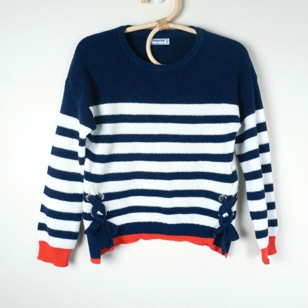 Mayoral Striped Sweater Kids 4 Navy White Red Side Lace Up Bow Nautical Knit